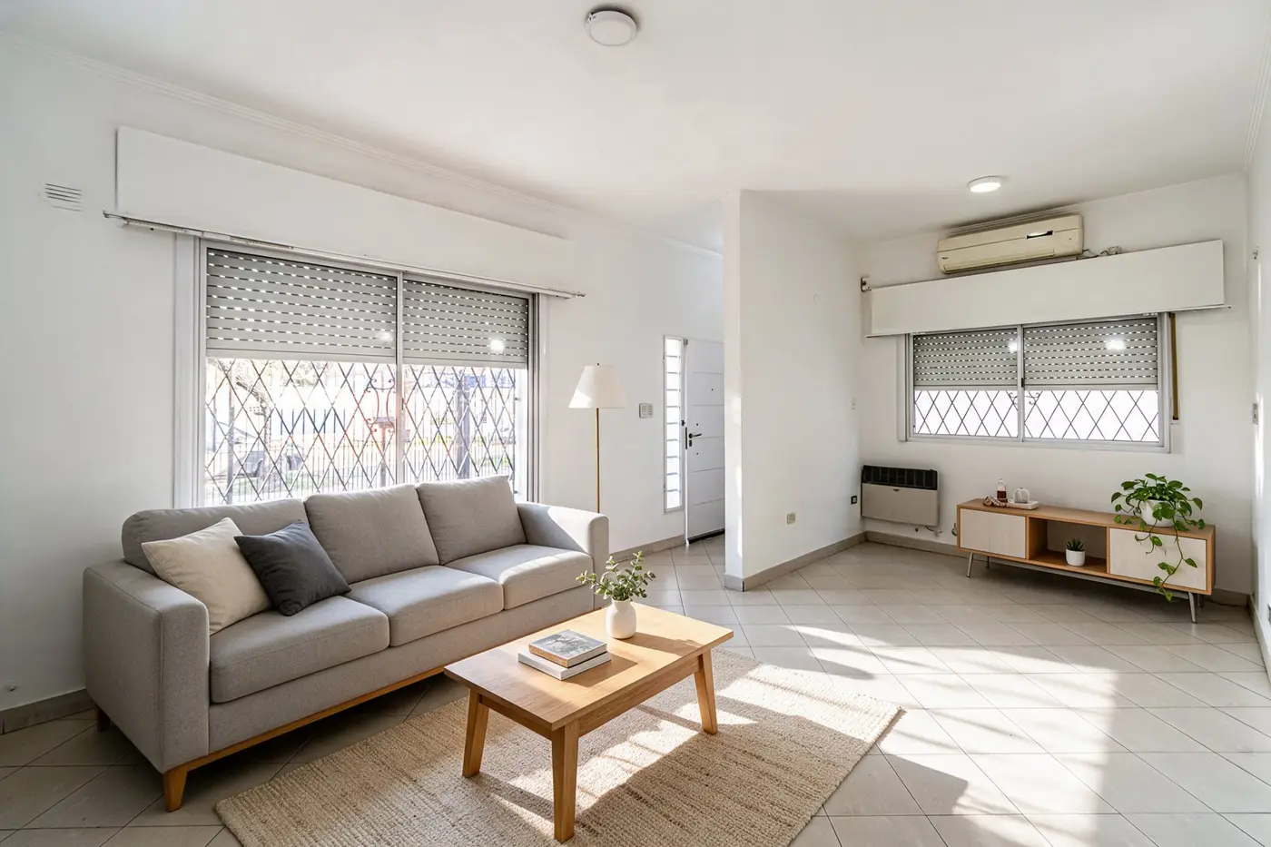 Living amoblado virtualmente: sillón gris, mesa ratona y mueble de TV